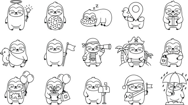 Cute cartoon sloth in whimsical activities, pirate, donut, gift, balloons, umbrella, halo, map, flat vector illustration
