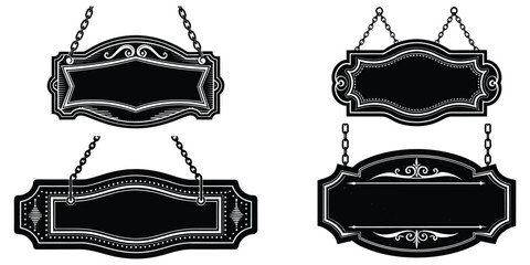 Vintage blank caf&eacute; sign, retro typography, black and white, hanging with chains