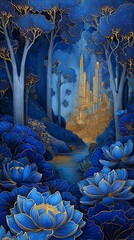Enchanted Blue Forest with Golden City and Blooming Lotus Flowers Digital Art