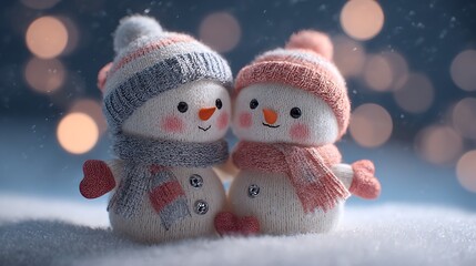 Two adorable snowmen in love wearing hats and scarves in winter