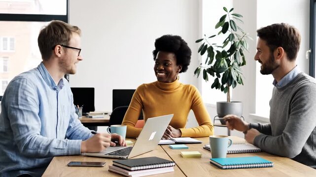Diverse young professionals brainstorm around a laptop in a modern office, actively discussing project ideas with collaborative energy and positive teamwork