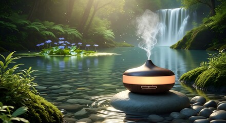 A serene scene featuring a tranquil water feature, an oil diffuser, and lush greenery in a naturalistic setting