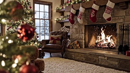 A festive interior featuring a lit Christmas tree, fireplace with stockings, and comfortable seating - Powered by Adobe