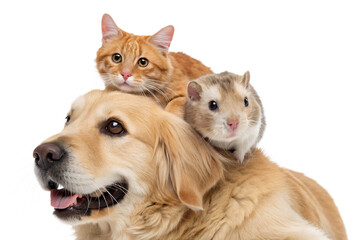 Obraz premium A cute and funny portrait of a golden retriever, an orange tabby cat, and a tiny hamster stacked adorably on top of each other, all looking directly at the camera. This charming trio creates a playful