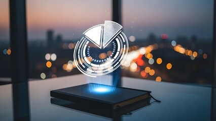 Holographic data projection on book with cityscape background