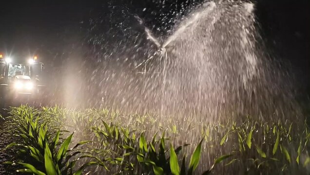 Night irrigation farm field with tractor and pivot sprinkler system agriculture at work farming