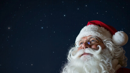 Santa Claus Gazing at Stars Under Night Sky for Holiday Cards, Christmas Blogs, Seasonal Decorations, and Festive Celebrations