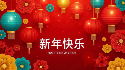 Vibrant chinese new year greeting card design featuring traditional red and blue lanterns, festive paper flowers, and sparkling bokeh on a rich red background with white text saying happy new year
