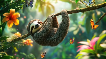 Naklejka premium Sloth hanging on branch with butterflies