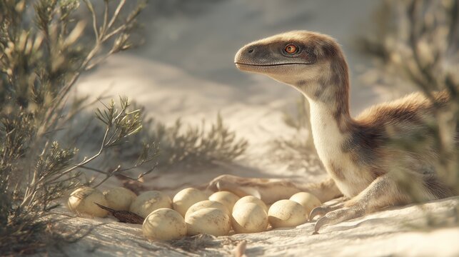 Feathered Troodon Guarding Nest of Eggs