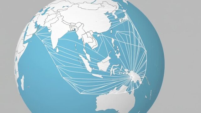 A 3D globe illustrates global connections with a network of white lines