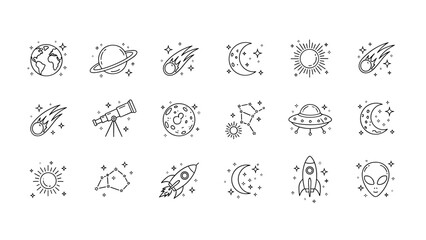 Set of twenty line art icons representing space, astronomy, and science fiction elements like planets, stars, rockets, and ufos, isolated on