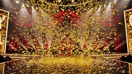 Golden Confetti Falling On Black Stage 4K