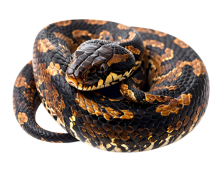 Serpent coiled, posing on black background