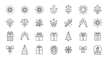 Set of handdrawn doodle icons for new year and christmas celebration, including firework, gift, champagne, tree and snowflake, isolated on