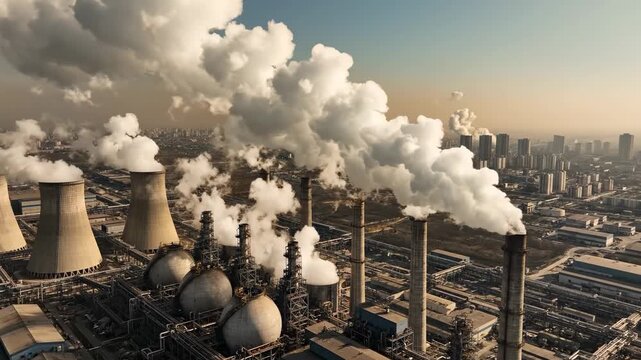 Aerial view over a sprawling industrial complex with smokestacks and cooling towers belching thick smoke and steam, highlighting power production, emissions and climate pollution effects