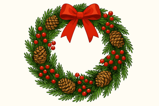 Christmas holiday evergreen wreath with pine cones and red bow
