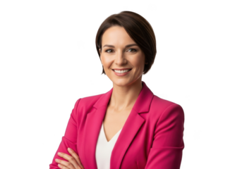 Professional woman with short brown hair wearing a pink blazer smiling confidently arms crossed isolated on transparent background