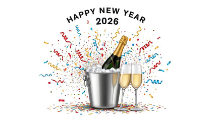 Sparkling New Year 2026 Celebration with Champagne and Colorful Confetti