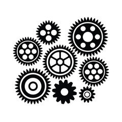 Collection of black interlocking gears on white background