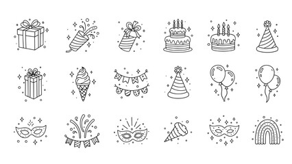 Collection of handdrawn black and white line art icons representing various birthday and party elements, isolated on