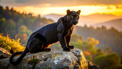 Majestic Black Panther Perched Atop Rocky Outcrop During Golden Hour.