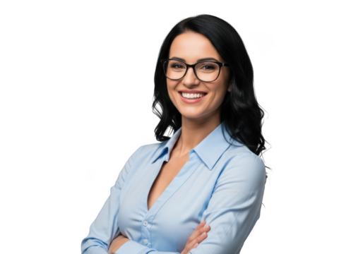 Smiling professional woman wearing glasses and light blue collared shirt with arms crossed isolated on transparent background