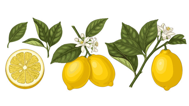 Collection of realistic lemon fruit, leaves, and blossoms on branch isolated on for graphic design and illustration