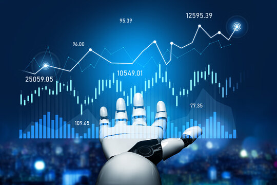 A robotic hand reaches out to engage with vibrant digital data overlaying stock market trends, representing the intersection of technology and finance. Scalp - Powered by Adobe