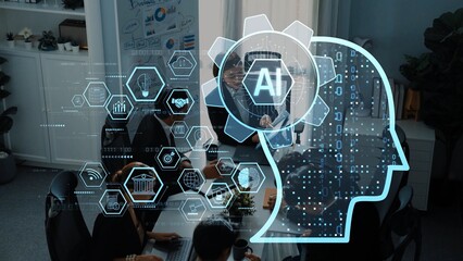 A modern office scene featuring professionals engaged in a collaborative meeting, with graphics of...