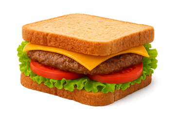 Realistic toasted beef sandwich with cheese and fresh vegetables isolated on transparent background for food layouts, Hearty beef patty sandwich on toasted bread with cheese and veggies, PNG