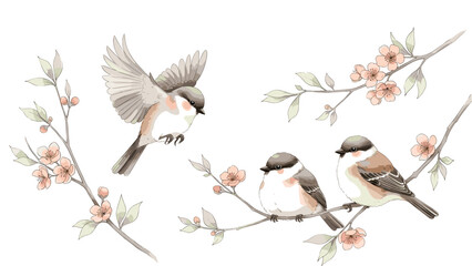 Watercolor illustration of three small songbirds perched on delicate spring branches with soft pink blossoms, isolated on © Safa