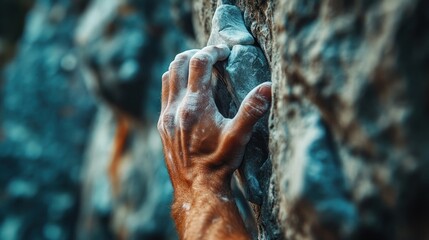 Close up of rock climber hand gripping rock