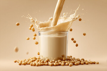 Soy milk splash in glass surrounded by soybeans