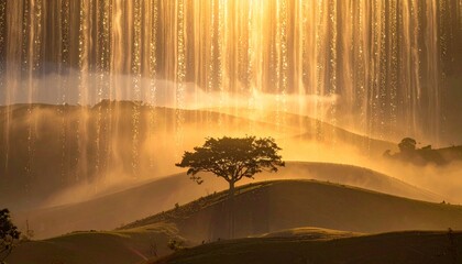 A surreal golden landscape with a glowing path of lights leading to a brilliant sunrise under dramatic celestial clouds and stars.
