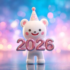 Cute 3D Polar Bear Mascot Holding Shiny 2026 Balloons for New Year Celebration 