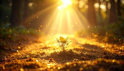 Small green sprout growing in golden soil with magical glowing particles rising up under bright sunbeams. Concept of new life.