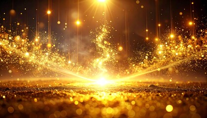 A magical swirl of golden light particles rises from the ground in a dark space. Abstract fantasy spell effect with bokeh.