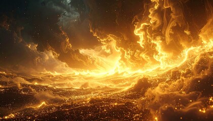 Twin waves of golden particles arc outward from a brilliant central light source on a dark, glittery horizon line.