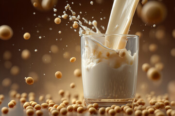 Creamy soy milk pouring into a glass surrounded by scattered soybeans in a rich brown background