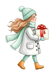 Cute cartoon girl in winter clothing walking while holding a wrapped gift box with red ribbon, isolated on