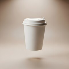 Minimalist White Coffee Cup Floating on a Neutral Background - Ideal for Branding Mockups