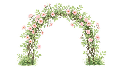 Watercolor illustration of a beautiful pink climbing rose arch covered in green foliage, isolated on