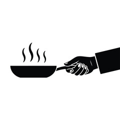 Silhouette of a hand holding a frying pan with steam rising