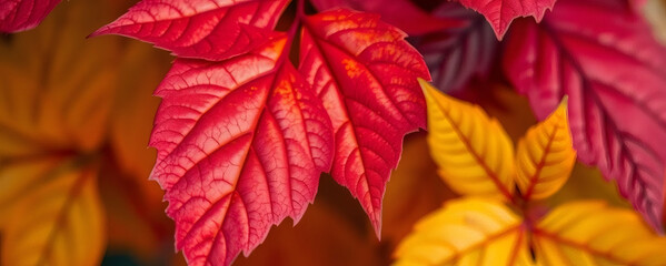 Vibrant autumn leaves displaying shades of red and yellow in a serene natural setting during a sunny day in fall