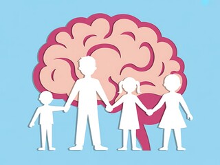 Fototapeta premium Family holding hands in front of a large stylized brain illustration