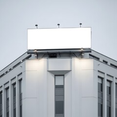 Blank outdoor advertising billboard sign on top of a modern urban building against a clear sky, ready for your promotional message or company logo mockup