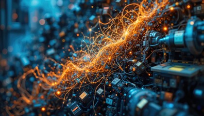 Dynamic digital data flow with glowing energy connections in a futuristic network