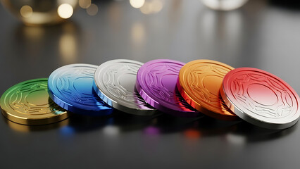 Row of colorful metallic coasters on a reflective dark surface