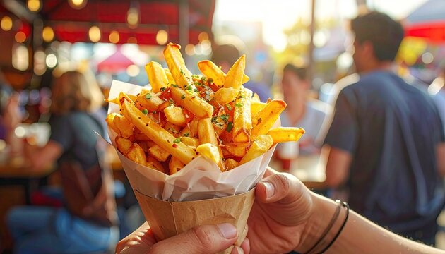 Hand holding a paper cone filled with golden french fries seasoned with herbs and spices with a blurred background of a bustling outdoor market during golden hour